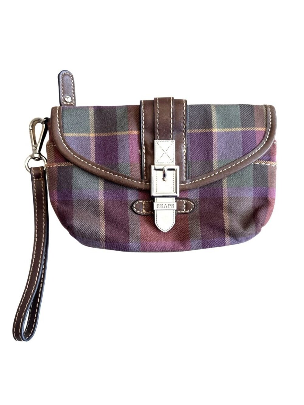 Chaps Plaid Wristlet Clutch Fall Purple Brown Trim & Silver Hardware